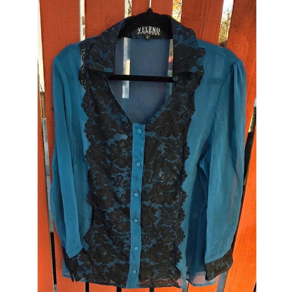 Veleno size large blue & black long sleeve blouse